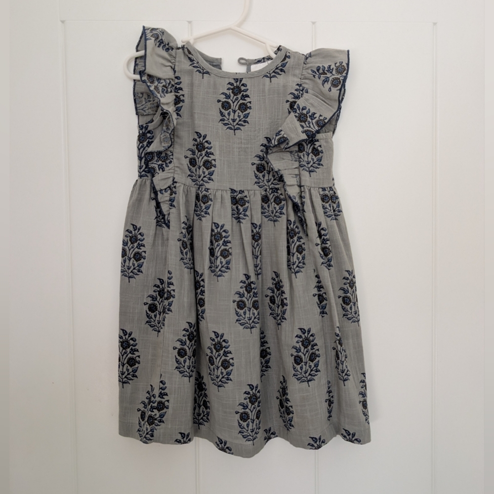 Yo Baby Girls' 2T Grey Floral Print Ruffle Sleeve Cotton Dress